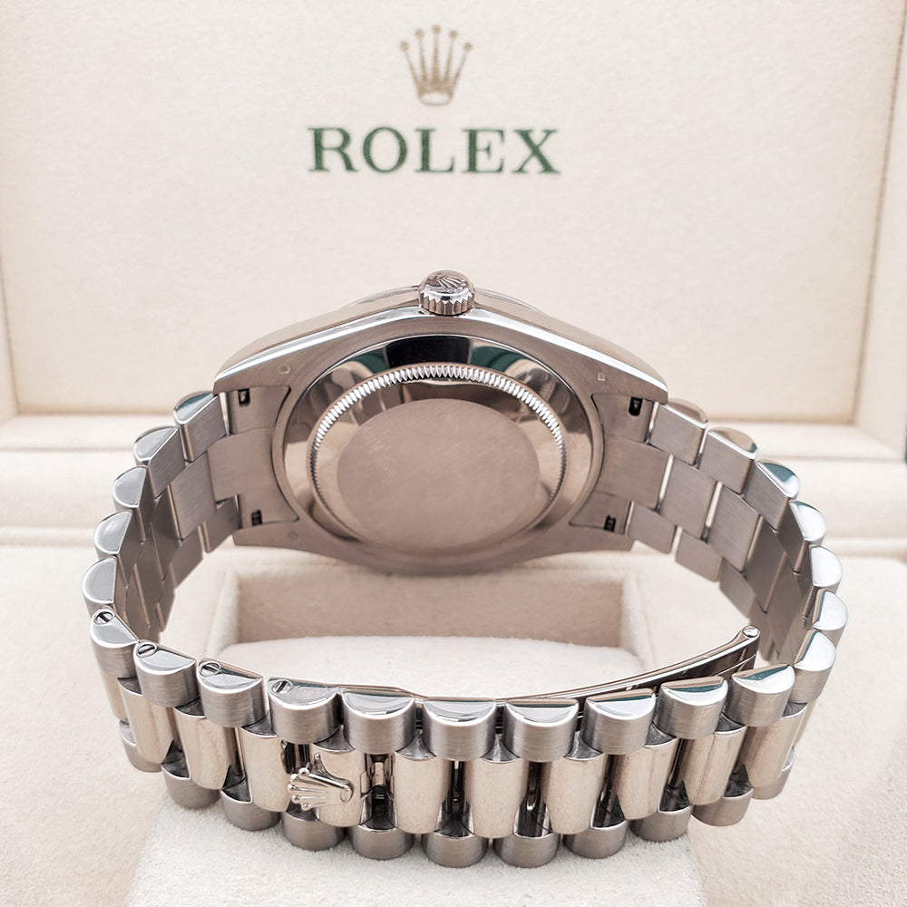 Rolex President Day-Date II 41mm Factory Silver Diamond Dial White Gold Watch 218239 Box Papers