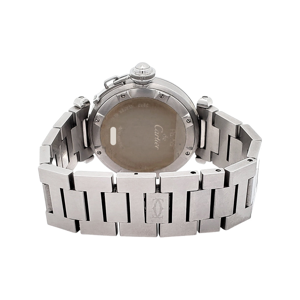Cartier Pasha GMT Meridian 35mm Silver Grid Dial Steel Watch 2377 W31029M7