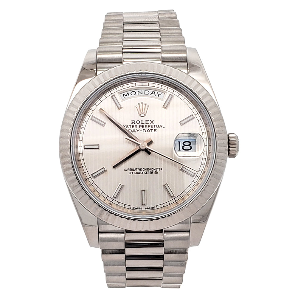 2017 Rolex President Day-Date Silver Stripe Motif Dial White Gold 40mm Watch 228239 Box Papers