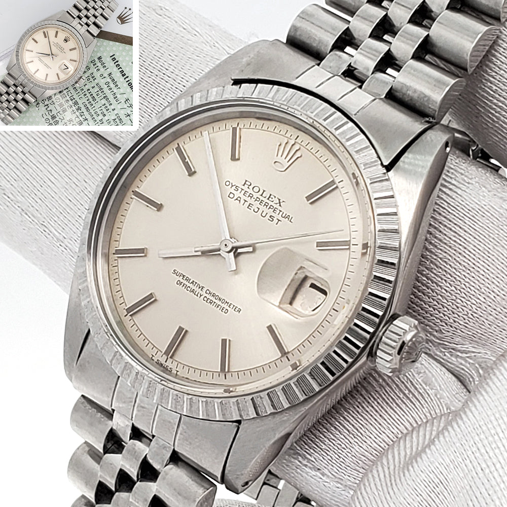 Rolex Datejust 36mm Silver Index Engine Turned Bezel Steel Jubilee Watch 1603 Service Papers
