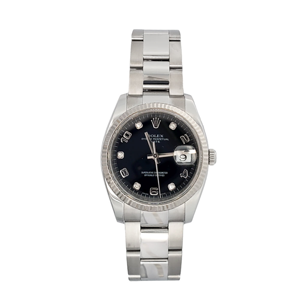 Rolex Oyster Perpetual Date 34mm Factory Black Diamond White Gold Fluted Bezel Steel Watch 115234