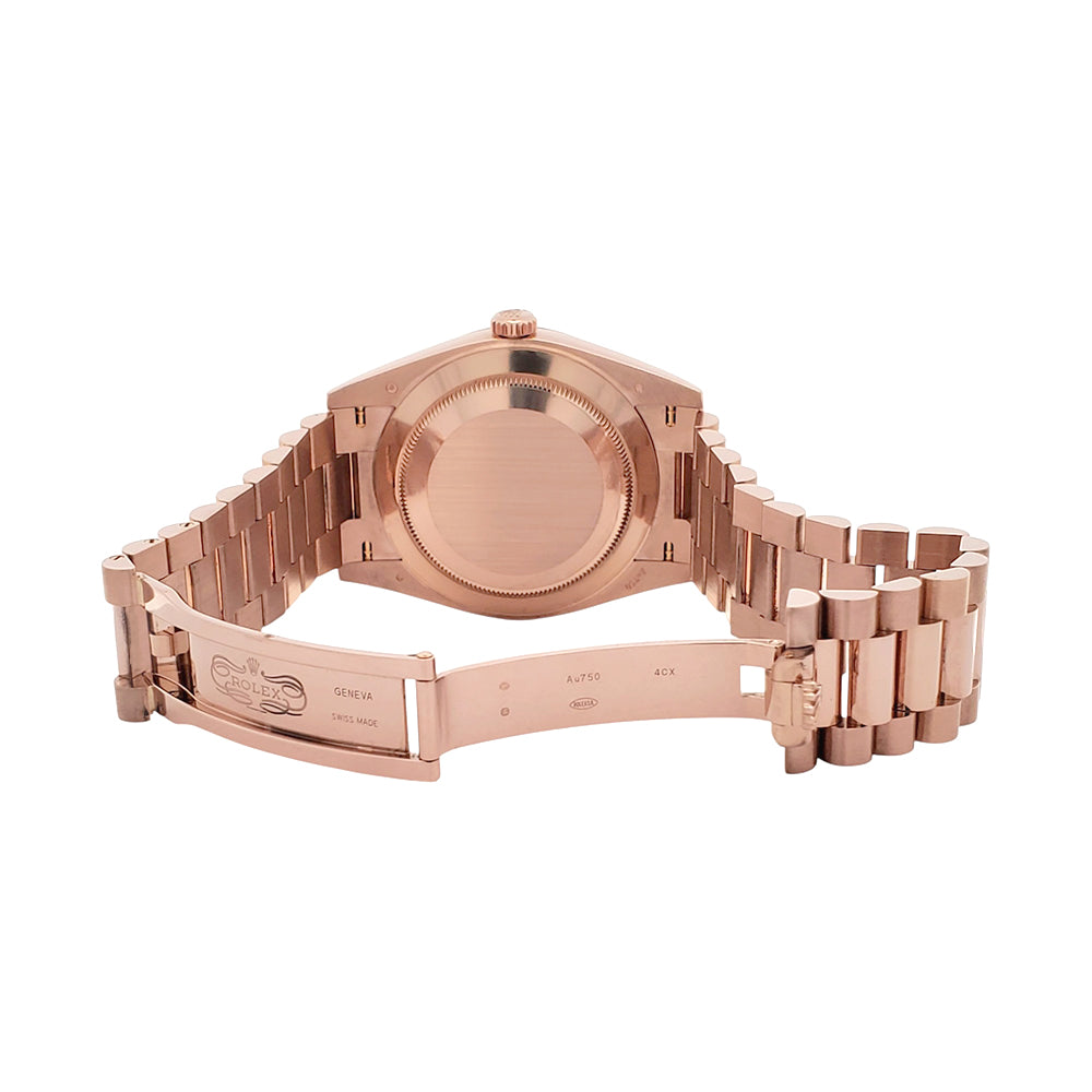 2023 Rolex Day-Date 228235 Rose Gold Fluted Bezel Olive Green Bevelled Roman Dial 40mm Watch Box Papers