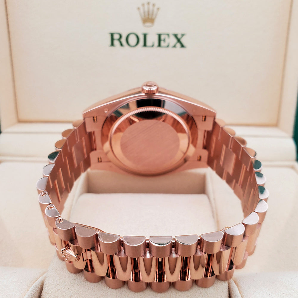 Rolex Day-Date 40mm 228235 Rose Gold Fluted Bezel Olive Green Bevelled Roman Dial Watch 2023 Box Papers