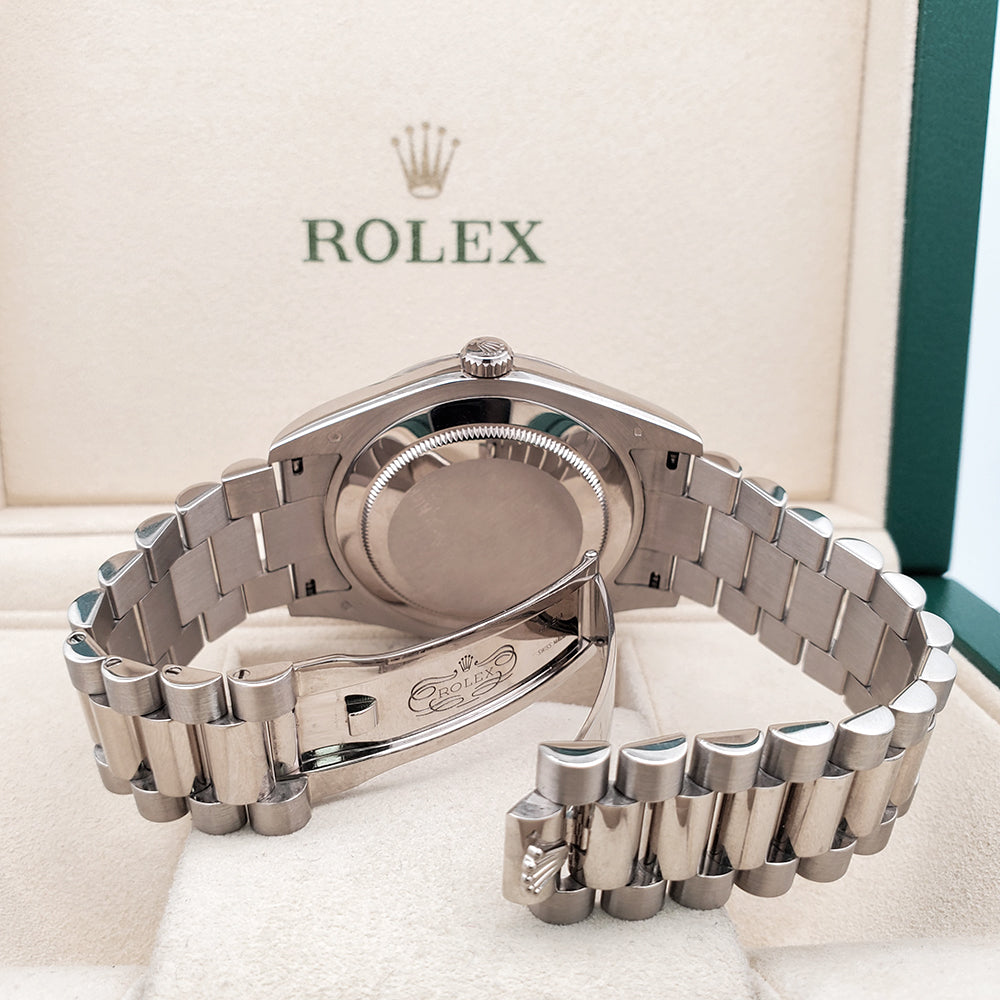 Rolex President Day-Date II 41mm Factory Silver Diamond Dial White Gold Watch 218239 Box Papers