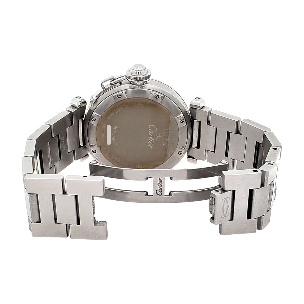Cartier Pasha GMT Meridian 35mm Silver Grid Dial Steel Watch 2377 W31029M7