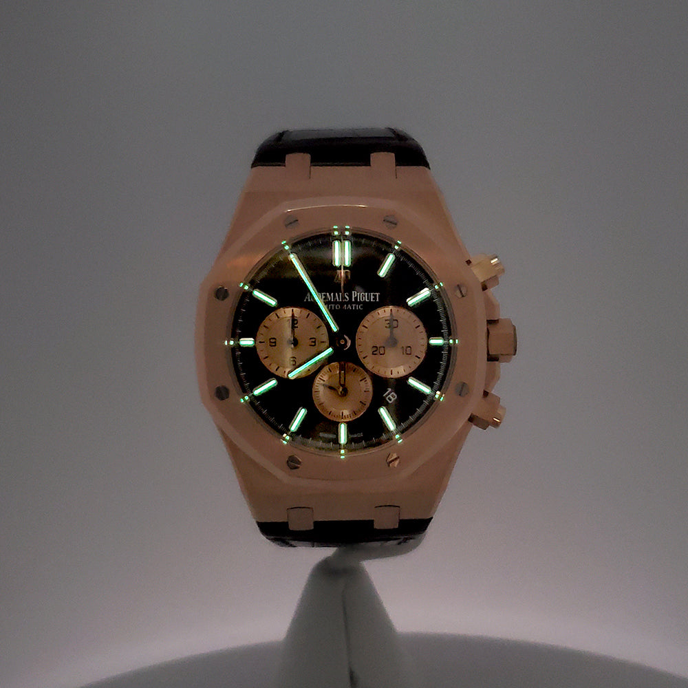 Audemars Piguet Royal Rose Gold Royal Oak Chronograph Brown Alligator Strap 41mm Watch 26331OR.OO.D821CR.01 Box Card