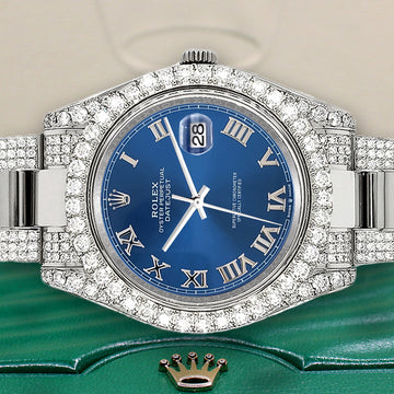 Rolex Datejust II 41mm 8.3ct Diamond Bezel/Lugs/Bracelet/Blue Roman Dial Steel Watch 116300 Box Papers