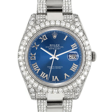 Rolex Datejust II 41mm 8.3ct Diamond Bezel/Lugs/Bracelet/Blue Roman Dial Steel Watch 116300 Box Papers