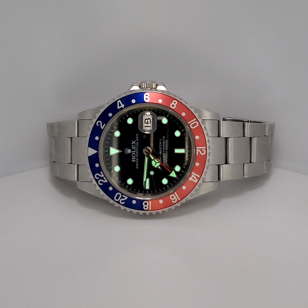 Rolex GMT-Master II 40mm Pepsi Bezel Rare Stick Dial Steel Watch 16710 Box/Service Papers