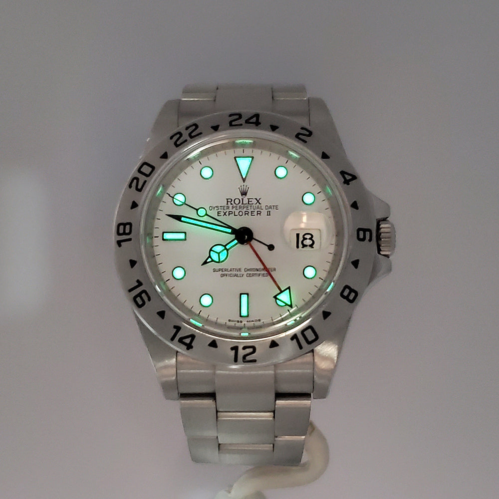Unpolished 2011 3186 Rolex Explorer II 40mm Engraved Rehaut Polar White Steel Watch 16570 Box Papers
