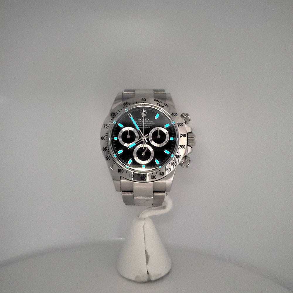 Rolex Cosmograph Daytona Engraved Rehaut 40mm 116520 Black Dial Steel Watch Box Papers