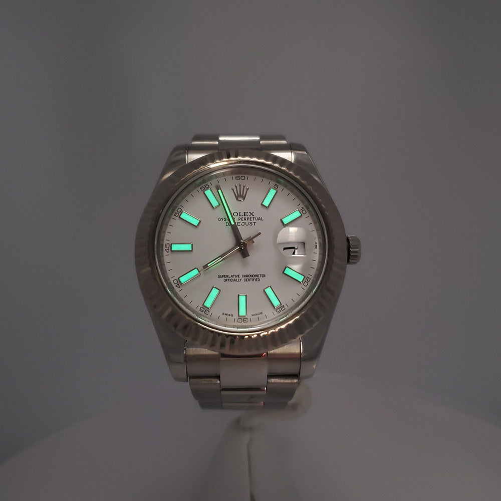 Rolex Datejust II 41mm 116334 White Index White Gold Fluted Bezel Steel Watch Box Papers