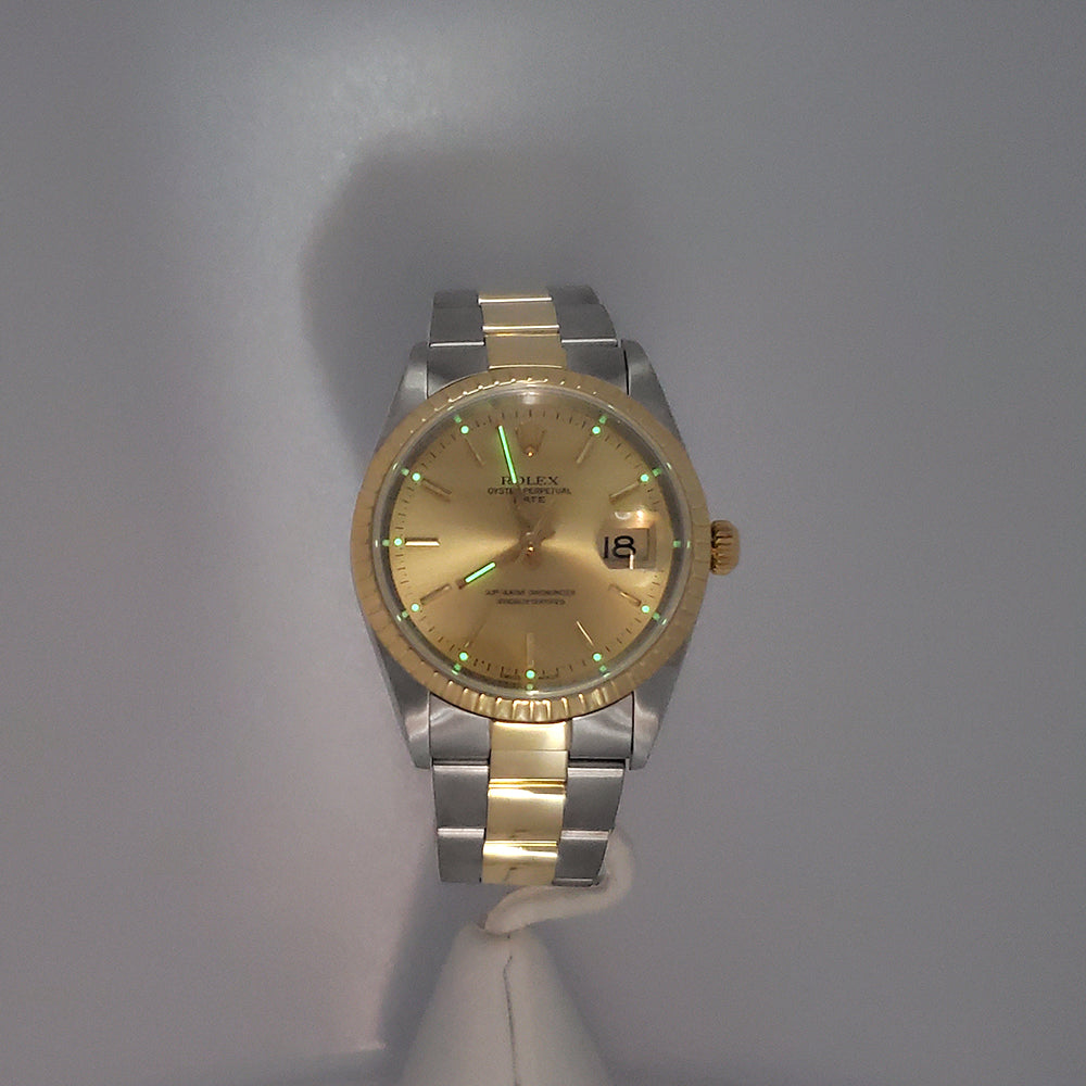 Rolex Date 34mm 2-Tone Yellow Gold/Steel Champagne Dial Oyster 15223 Watch Box Papers