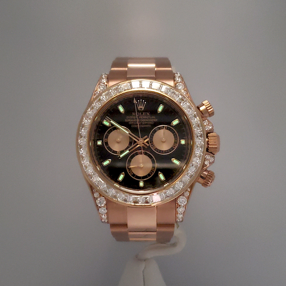 Rolex Cosmograph Daytona 8.5ct VS Princess Diamond Bezel/Lugs Rose Gold 40mm Watch 116505