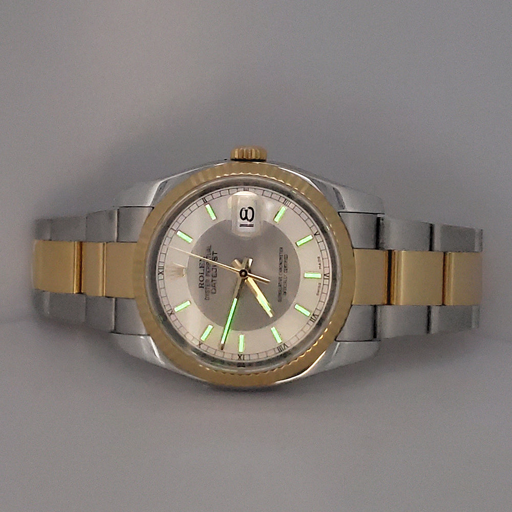 Rolex Datejust 36mm Silver Tuxedo 2-tone Yellow Gold/Steel 116233 Oyster Watch Box Papers