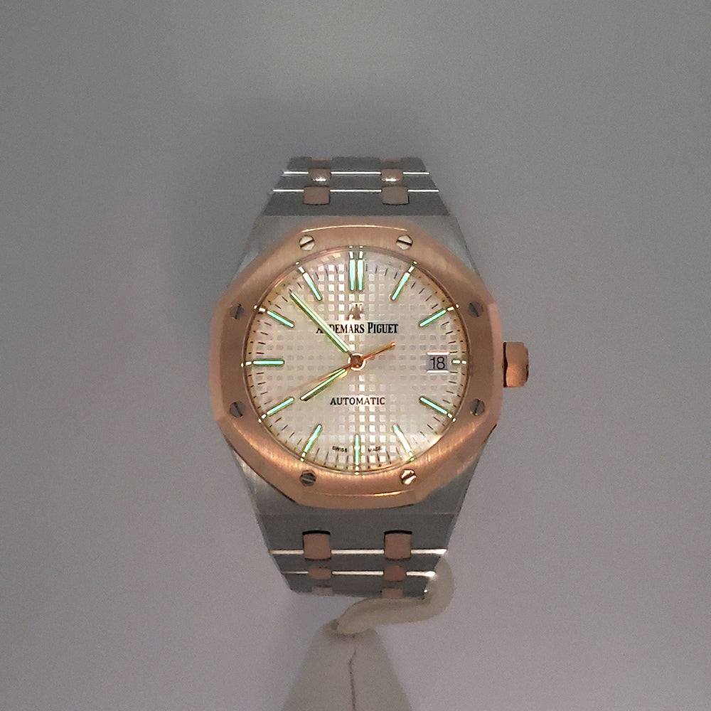 Audemars Piguet Royal Oak 37mm Silver Dial Two-Tone Rose Gold/Steel Watch 15450SR.OO.1256SR.01 Box Papers