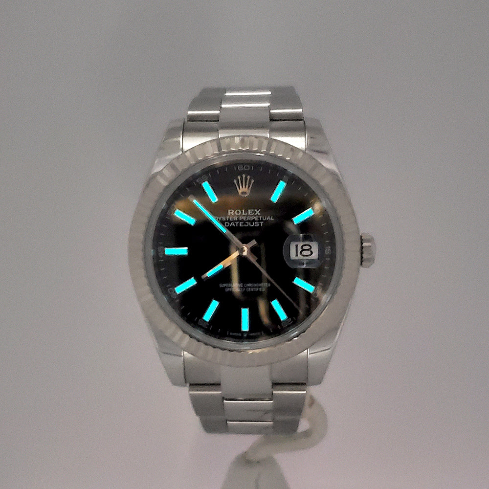 2021 Rolex Datejust 41 Black Index Dial White Gold Fluted Bezel Steel Oyster Watch 126334 Box Papers