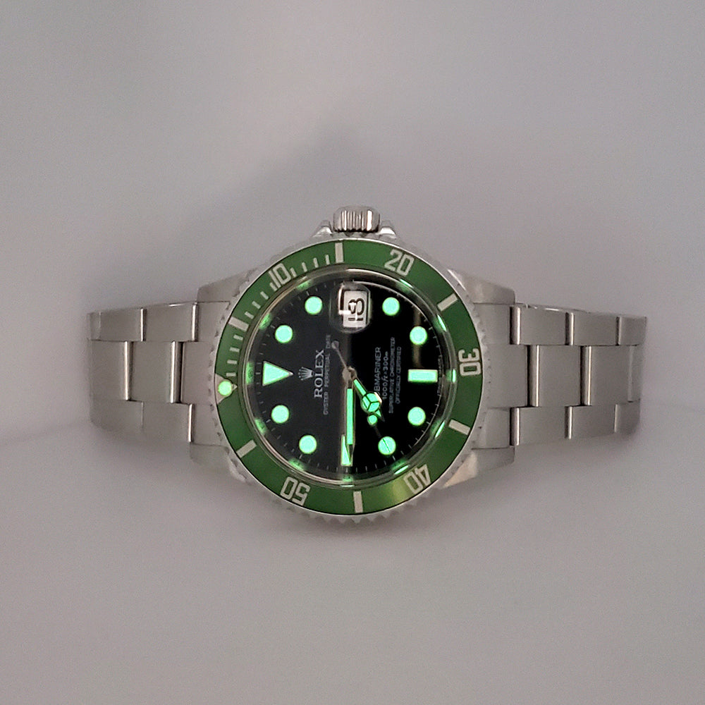 2009 Rolex Submariner "Kermit" Date Engraved Rehaut Black Green Steel 16610LV Box/Papers/Tag