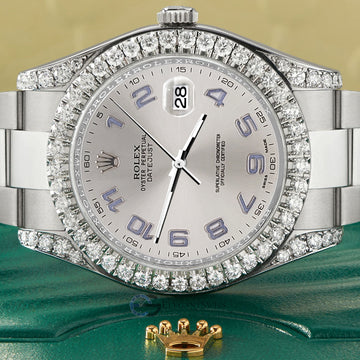 Rolex Datejust II Steel 41mm Watch 4.5CT Diamond Bezel/Lugs/Silver Arabic Dial 116300 Box Papers