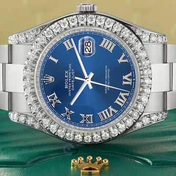 Rolex Datejust II Steel 41mm Watch 4.5CT Diamond Bezel/Lugs/Blue Roman Dial 116300 Box Papers