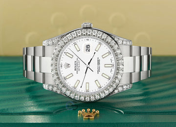Rolex Datejust II Steel 41mm Watch 4.5CT Diamond Bezel/Lugs/White Index Dial 116300 Box Papers