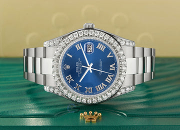 Rolex Datejust II Steel 41mm Watch 4.5CT Diamond Bezel/Lugs/Blue Roman Dial 116300 Box Papers