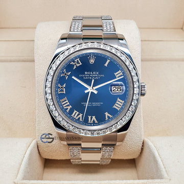 Rolex Datejust II 41mm 5ct Diamond Bezel/Bracelet/Blue Roman Dial Steel Watch 116300 Box Papers