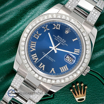 Rolex Datejust II 41mm 5ct Diamond Bezel/Bracelet/Blue Roman Dial Steel Watch 116300 Box Papers