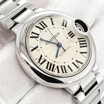 Cartier Ballon Bleu 33mm Silver Roman Dial Stainless Steel Watch W6920071 3489