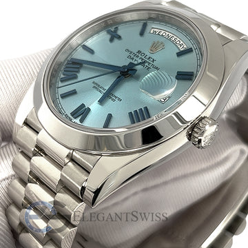 Rolex President Day-Date 40mm Ice Blue Roman Dial Platinum Watch 228206 Box Papers