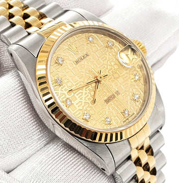 Rolex Datejust 31mm Factory Champagne Jubilee Diamond Dial Yellow Gold Fluted Bezel Watch 68273