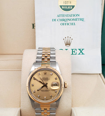 Rolex Datejust 36mm Factory Champagne Diamond Dial Gold/Stainless Steel Watch 16013 Box Papers
