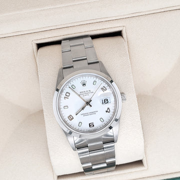 Rolex Date 34mm White Arabic Dial Oyster Bracelet Steel Watch 15200 Box Papers