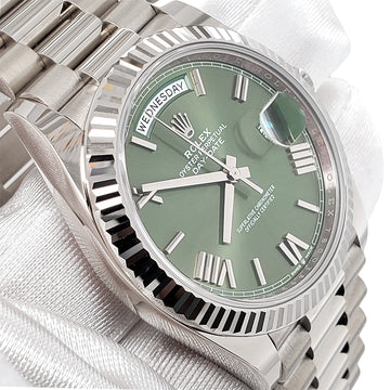 Unworn Rolex Day-Date 40 President 228239 Olive Green Roman Dial White Gold Watch 2023 Box Papers