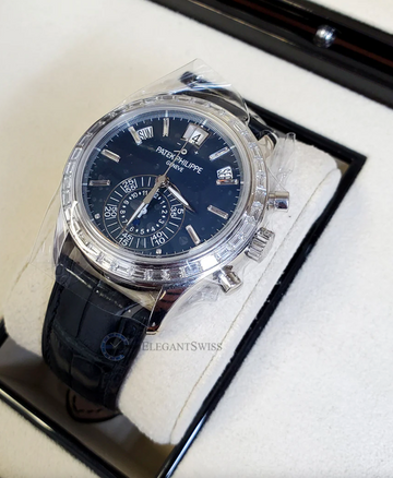 Patek Philippe 5961P 001 Complications Annual Calendar Blue Baguette Diamond Platinum Chronograph Watch Box Papers