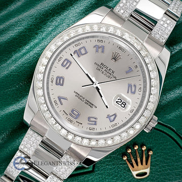 Rolex Datejust II 41mm 5ct Diamond Bezel/Bracelet/Silver Arabic Dial Steel Watch 116300 Box Papers