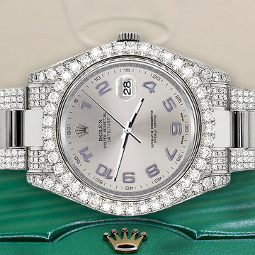 Rolex Datejust II 41mm 8.3ct Diamond Bezel/Lugs/Bracelet/Silver Arabic Dial Steel Watch 116300 Box Papers