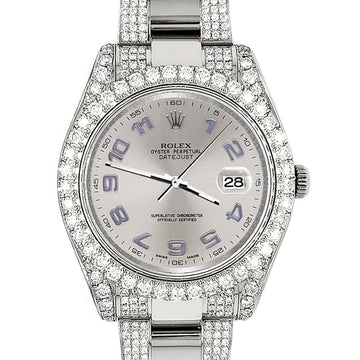 Rolex Datejust II 41mm 8.3ct Diamond Bezel/Lugs/Bracelet/Silver Arabic Dial Steel Watch 116300 Box Papers
