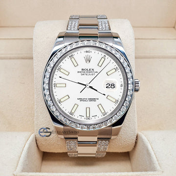 Rolex Datejust II 41mm 5ct Diamond Bezel/Bracelet/White Index Dial Steel Watch 116300 Box Papers