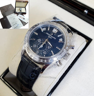Patek Philippe 5961P 001 Complications Annual Calendar Blue Baguette Diamond Platinum Chronograph Watch Box Papers