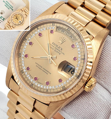 Rolex President Day-Date 36mm Factory Ruby Milliard Diamond Gold Box Papers