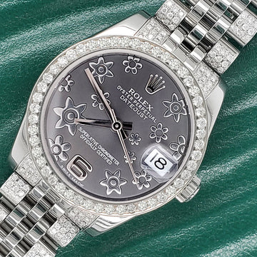 Rolex Datejust Midsize 31mm 3.30ct Diamond Bezel/Bracelet/Gray Floral Diamond Dial Steel Watch 178240