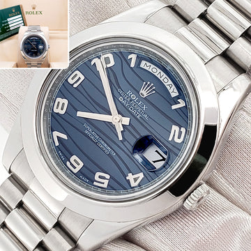 Rolex President Day-Date II 41mm Blue Wave Arabic Dial Platinum Watch 218206 Box Papers