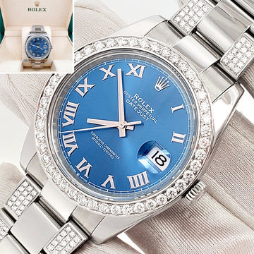 Rolex Datejust 41 Blue Roman Dial 5ct Diamond Bezel/BraceletSteel Watch 116300 Box Papers