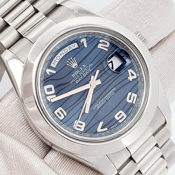 Rolex President Day-Date II 41mm Blue Wave Arabic Dial Platinum Watch 218206 Box Papers