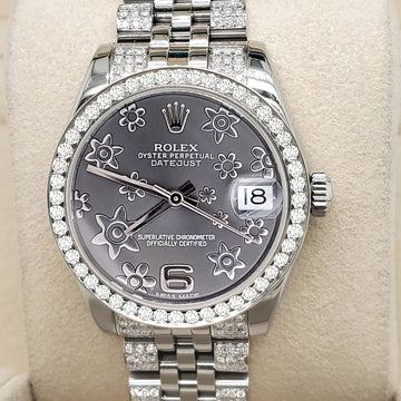 Rolex Datejust Midsize 31mm 3.30ct Diamond Bezel/Bracelet/Gray Floral Diamond Dial Steel Watch 178240