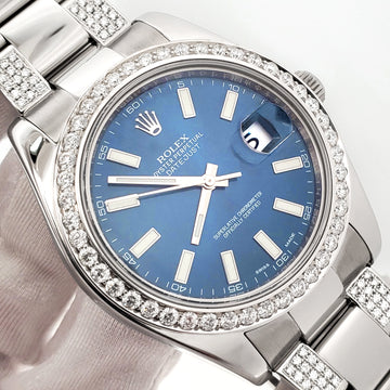 Rolex Datejust II 41mm 5ct Diamond Bezel/Bracelet/Blue Index Dial Steel Watch 116300 Box Papers