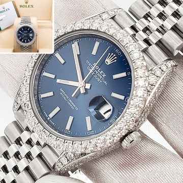 Rolex Datejust 41 5.9CT Diamond Bezel/Lugs/Sides/Blue Index Dial Jubilee Watch 126300 Box Papers