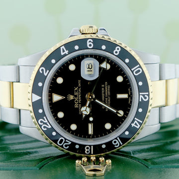 Rolex GMT-Master II 2-Tone Yellow Gold & Stainless Steel Black Bezel Automatic Mens Oyster Watch 16713