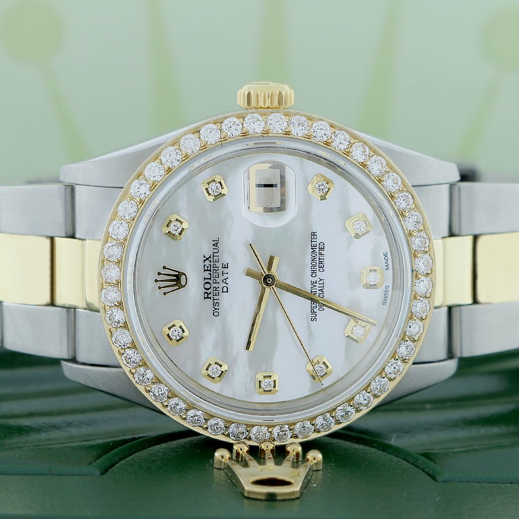 Rolex Oyster Perpetual Date 2-Tone 18K Gold/SS 34mm Automatic Watch w/MOP  Diamond Dial & Bezel